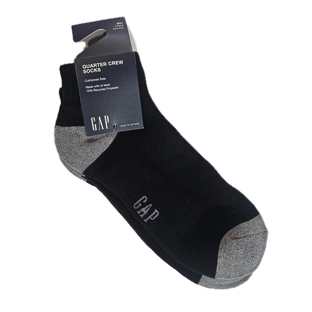 GAP Quarter Crew Socks Mens One Size Black Gray 3 Pack‎ Cushioned Sole Sports